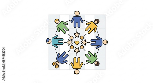 Diverse people join hands in unity circle with hearts and stars