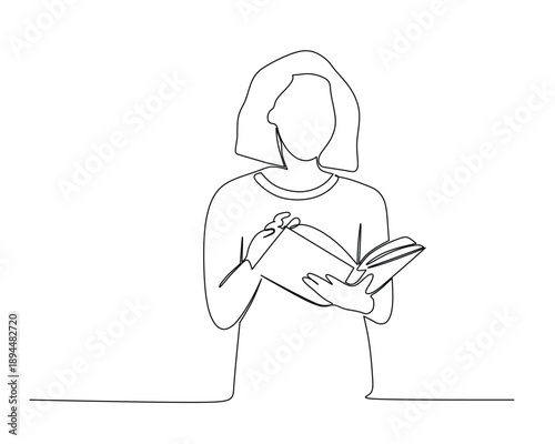 A continuous line drawing of a person with shoulder-length hair writing in an open book. The faceless figure and abstract style evoke creativity, focus, and intellectual engagement. Ideal for editoria