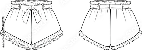 High-waisted women's shorts with ruffled hem, gathered waistband, decorative bow, belt loops, front and back technical sketch