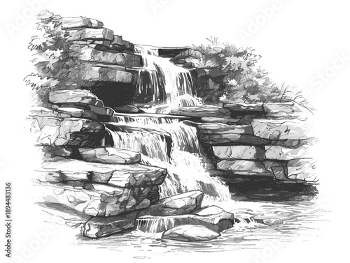 white background, Picturesque waterfall in a rocky gorge - isolate on a waterfall background., drawings in pencil easy, very simple and isolate in the style of animated illustrations, white background