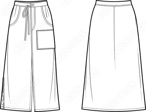 Technical fashion sketch of high-waisted A-line skirt with drawstring waist, patch pockets, front and back views, outline