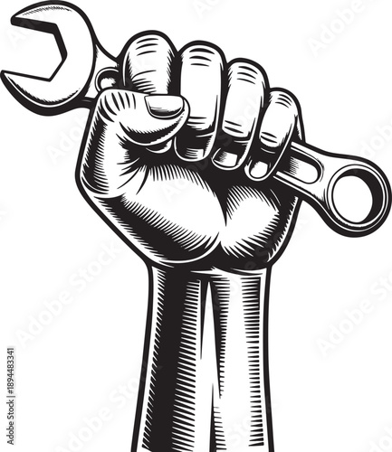 Black and white of a clenched fist holding a wrench raised in protest or solidarity