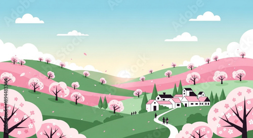 Serene countryside landscape with blooming cherry blossom trees rolling green hills and a white house at sunset