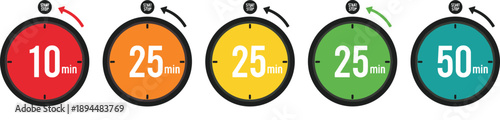 Colorful circular timers labeled with durations from 10 to 50 minutes representing time management, productivity, and visual countdown tools for design themes