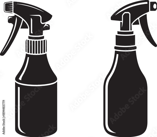 Two black silhouette spray bottles with trigger sprayers and ribbed collars on white background
