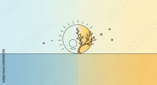 Smiling face with tree growing out surrounded by sun rays and stars on a colorful gradient background with blue yellow and orange hues