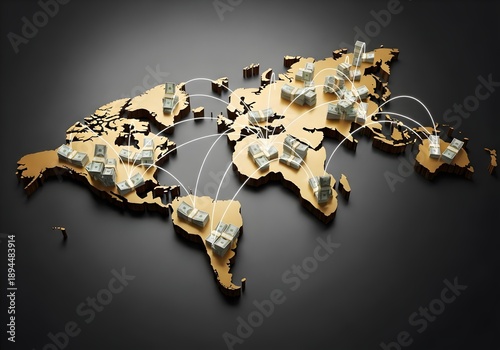 Wooden world map with connecting arc between continent block representing cross-border payment and global money transfer concept. Illustration | photo | copy space 