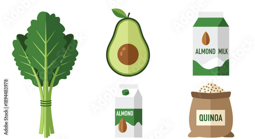 Healthy Vegan Food Ingredients Illustration Featuring Fresh Kale Avocado Almond Milk and Quinoa in a Modern Flat Vector Art Style on a White Background.