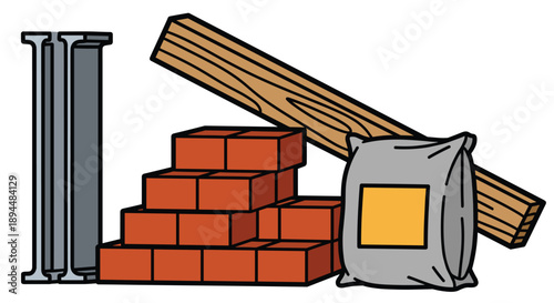 Construction Materials and Building Supplies Illustration Featuring Steel I-Beams Wooden Planks Red Bricks and a Large Cement Bag on a White Background.