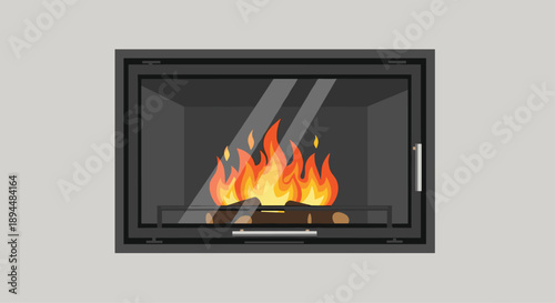 Contemporary Fireplace Insert Illustration Showcasing a Warm Burning Fire with Wood Logs Inside a Minimalist Black Frame on a Plain Light Grey Background.