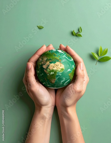 Hands gently cradle a vibrant green globe, symbolizing environmental care and global responsibility on a serene green background with scattered leaves.