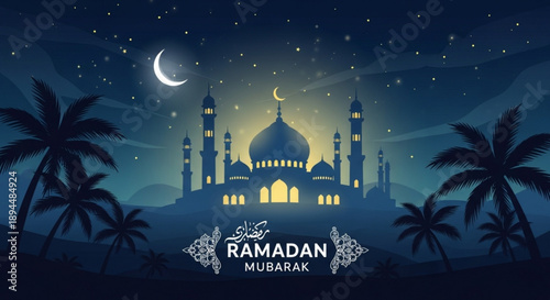 Ramadan mubarak greeting card with mosque silhouette at night under starry sky and crescent moon