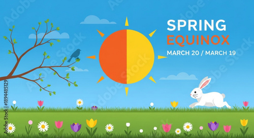 Spring equinox illustration with rabbit sun flowers and tree on green grass field under blue sky