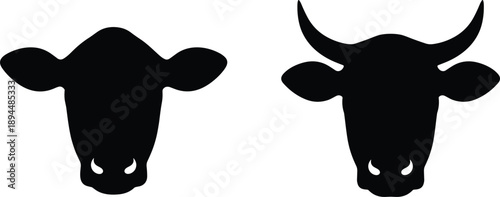 Cow and bull head silhouette icon set featuring minimal black farm animal symbols for logo branding