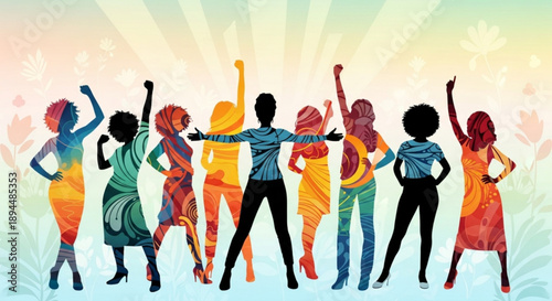 Diverse group of people dancing together in celebration with colorful outfits and joyful expressions on a sunny day