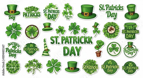 St Patricks Day vector stickers and icons featuring shamrocks green hats and festive lettering for holiday celebration design