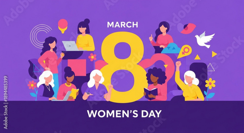 Women's day celebration with diverse group of people on purple background