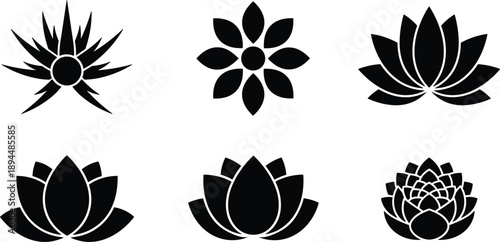 Lotus flower black silhouette icon set floral symbols for wellness yoga spa meditation logo branding health nature vector,