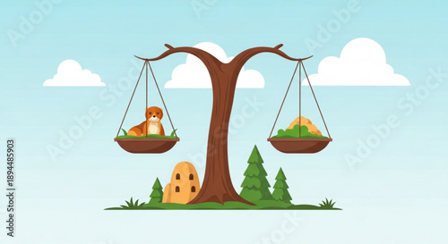 Cartoon tree with balanced scales holding dog and gold symbolizing harmony and fairness in nature
