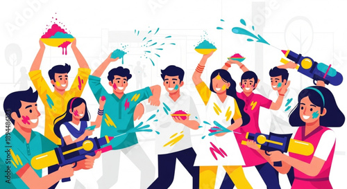 Vibrant Holi festival celebration with people playing with colors and water guns a joyful concept of Indian culture and tradition flat vector illustration