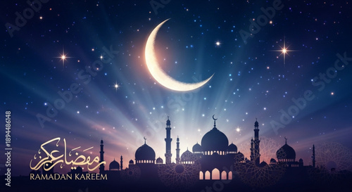 Ramadan kareem greeting card with mosque silhouette at dusk under starry night sky with crescent moon