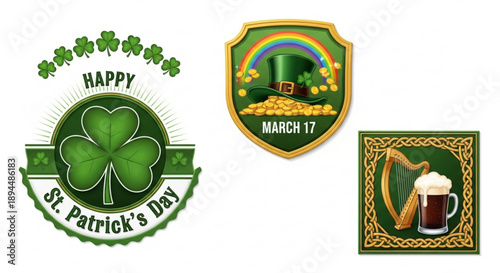 St patrick's day festive icons with shamrocks rainbow pot of gold harp and beer celebrating irish heritage and luck