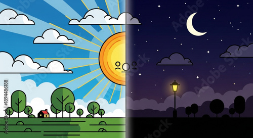 Day and night contrasting scenes with sun and moon clouds and trees rural landscape