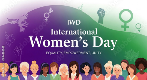 International Womens Day graphic with diverse women symbols of empowerment and slogans for equality unity and celebration