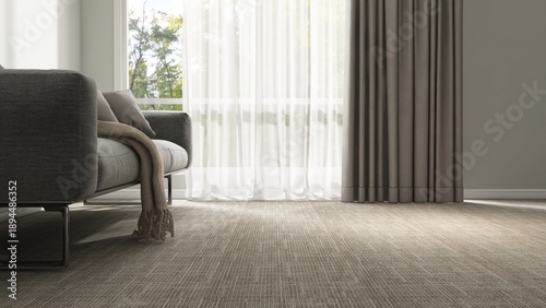 Gray modern sofa on carpet floor by white sheer, brown blackout curtain window in minimal living room in sunlight on wall for luxury interior design decoration, product background 3D
