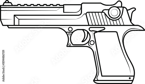 Line drawing of semi-automatic handgun in black and white showing detailed firearm components for educational, illustrative, or design use