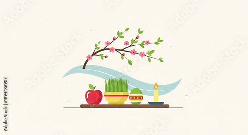 Traditional still life with blooming cherry blossom branch apple potted grass decorative eggs and candle on a table