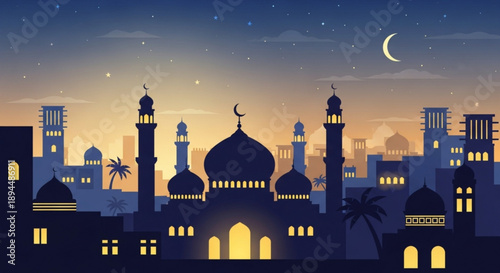 Islamic cityscape at dusk with mosques and buildings under a crescent moon and starry night sky