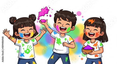 Happy children playing with colorful holi powder smiling and having fun with paint on their faces and clothes on a white background