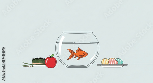 Goldfish in bowl on table with apple macarons and asparagus symbolizing contrasting lifestyles and desires