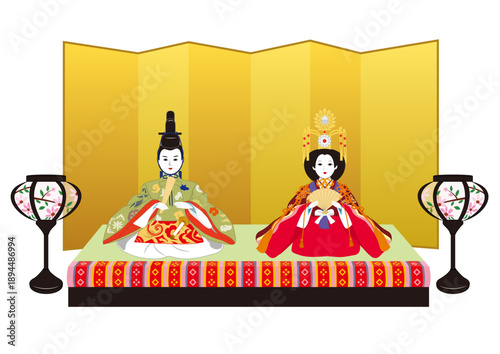 おひなさま金屏風 ぼんぼり イラスト ベクター