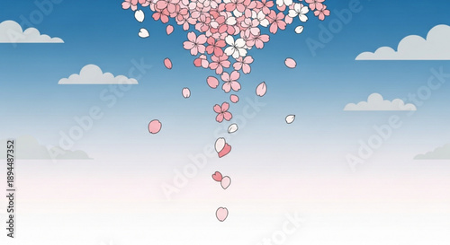 Pink and white flowers falling from blue sky with fluffy clouds serene natural scenery