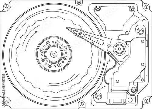 Hard disk drive internal structure vector with platter, actuator arm, spindle hub — technical illustration for data storage, computer hardware, and educational engineering design.