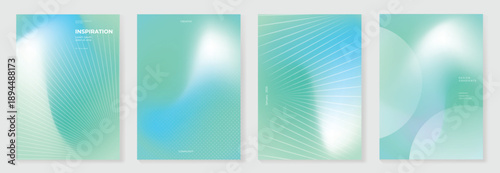 Abstract gradient poster vector background set with teal mint cyan colors, light rays and halftone dots. Modern minimal design for covers, brochures, social media.