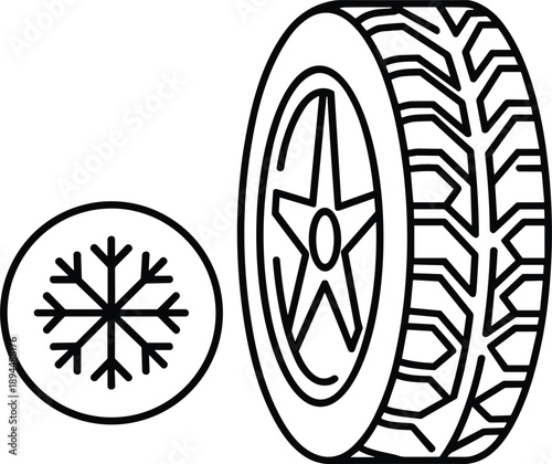 Winter tire icon with snowflake symbol car wheel for cold weather seasonal automotive maintenance service repair outline vector,