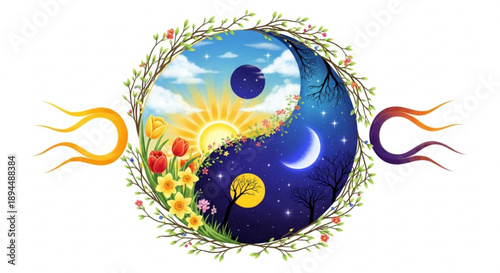 Yin yang symbol with sun moon flowers and cosmic elements in a wreath representing harmony and balance