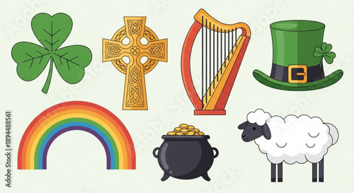 St patrick's day symbols and icons including shamrock celtic cross harp green hat rainbow pot of gold and sheep on light background