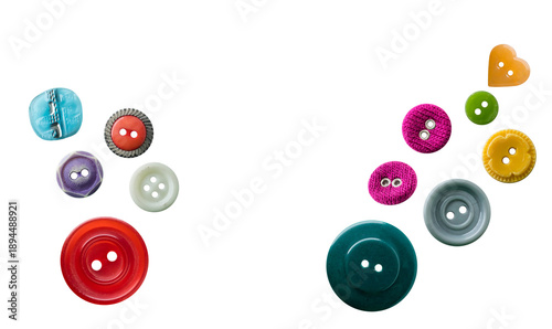 a whimsical collection of diverse craft buttons in various shapes, sizes, and colors, artfully arranged on a stark transparent background, perfect for sewing and crafting projects.