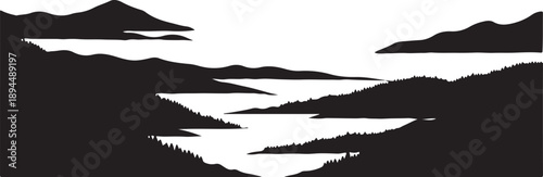 Serene black and white landscape with silhouetted mountains and water