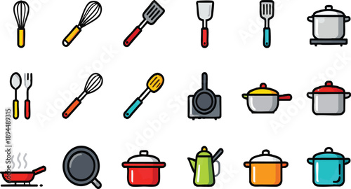 Colorful Cooking and Kitchenware Vector Icon Set