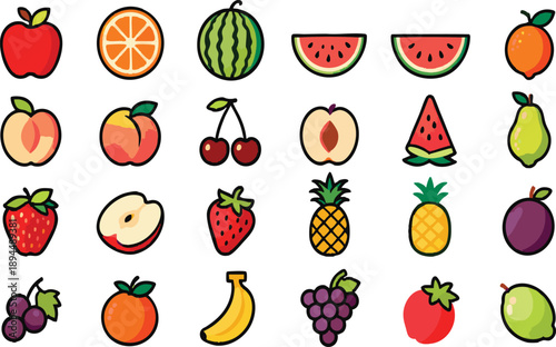 Colorful Fresh Fruit Vector Icon Set for Healthy Design