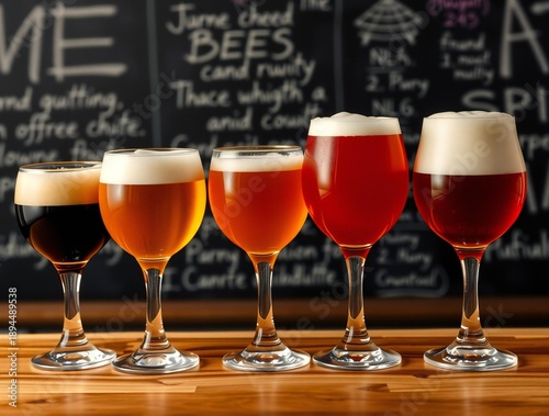 Five different craft beers lined up in glasses on a bar top