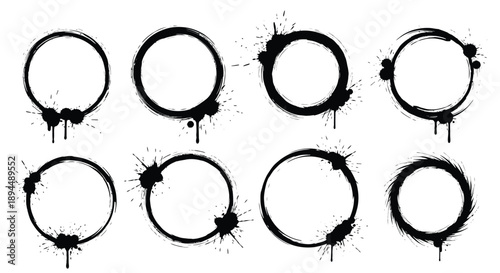 Set of black grunge circle frames with ink splatters
