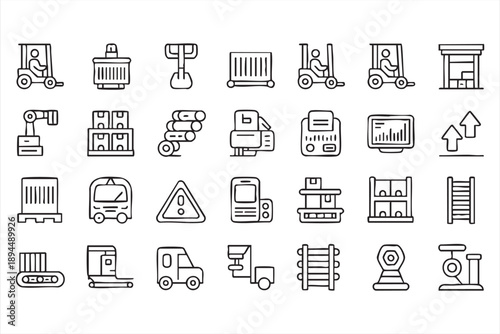 Supply Chain Interface Icons for Transport, Storage, Factory Workflow