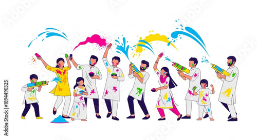 Diverse group of people celebrating holi festival with colorful paint and water guns on white background