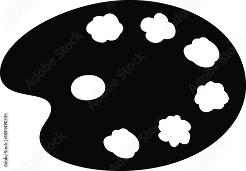 Silhouette of black artist paint palette with seven white paint blobs, thumb hole visible, symbolizing creativity, painting tools, and visual arts.